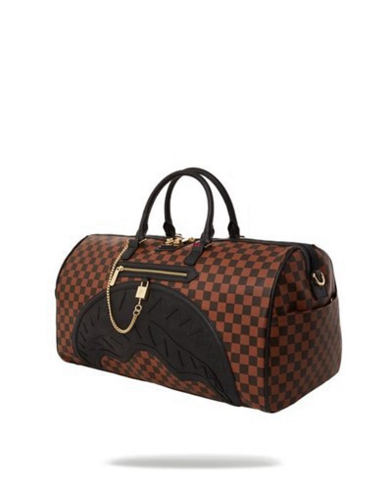 Brown Sprayground Henny Lock Sharks In Paris Duffle Bags | 24507-WDJI