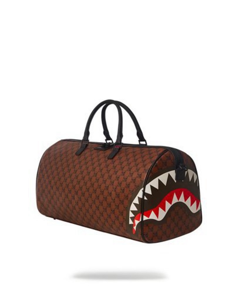 Brown Sprayground Sharks And Skulls Duffle Bags | 18740-QVBE