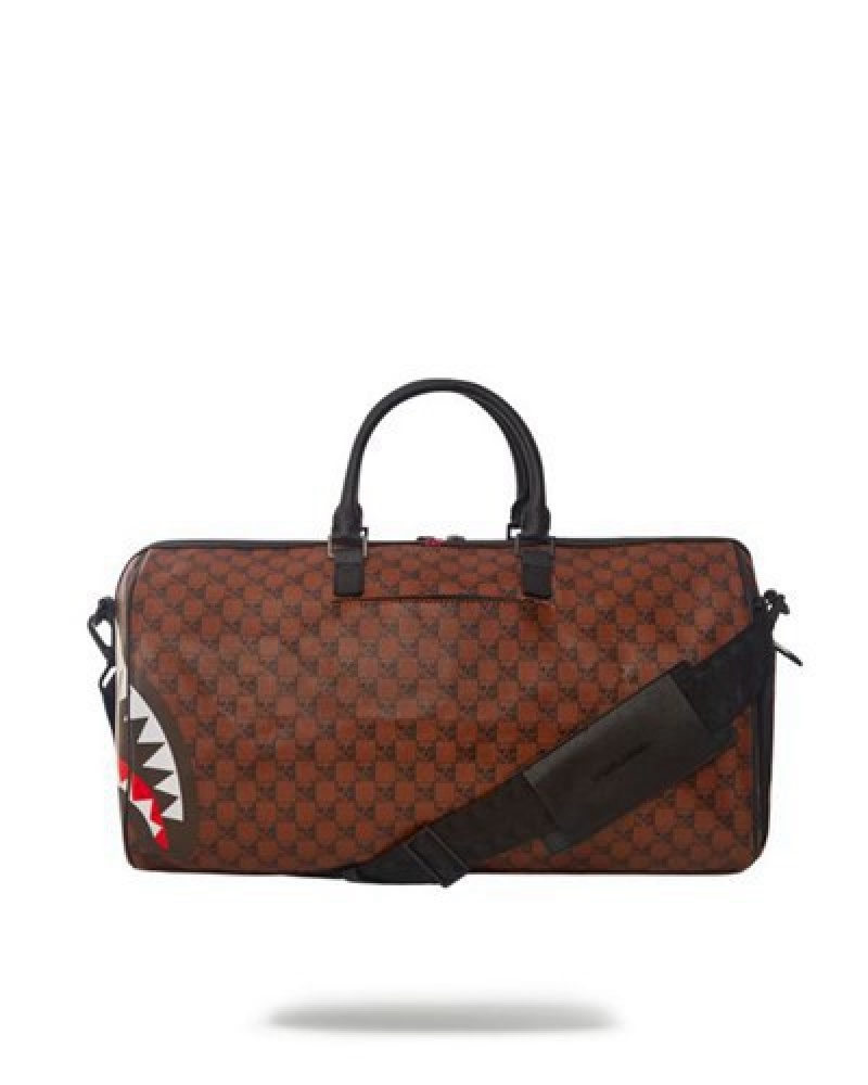 Brown Sprayground Sharks And Skulls Duffle Bags | 18740-QVBE