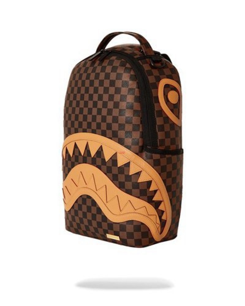 Brown Sprayground Sharks In Paris Henny Never Too Many (Dlxv) Backpacks | 53142-CSRY