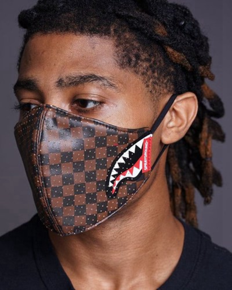 Brown Sprayground Sharks In Paris Vegan Leather Face Masks | 29375-NRPO