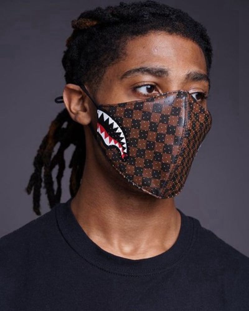 Brown Sprayground Sharks In Paris Vegan Leather Face Masks | 29375-NRPO