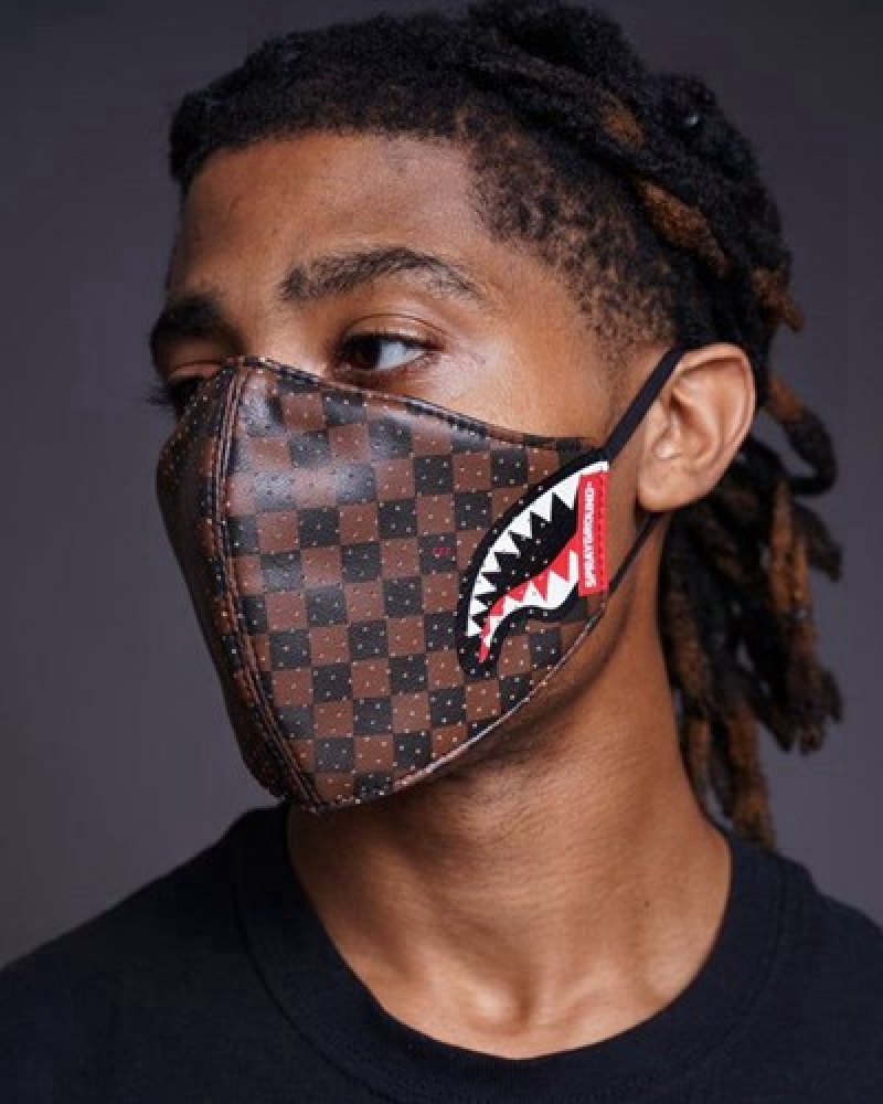 Brown Sprayground Sharks In Paris Vegan Leather Face Masks | 29375-NRPO