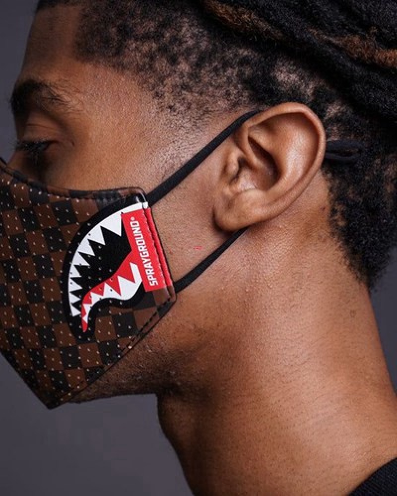 Brown Sprayground Sharks In Paris Vegan Leather Face Masks | 29375-NRPO