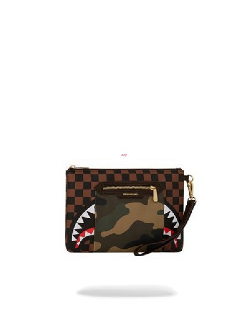 Camo Sprayground Exterior Gold Zip Pocket Sharks In Paris Crossover Clutch Bag | 43859-UACQ