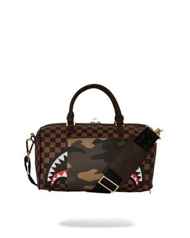 Camo Sprayground Exterior Gold Zip Pocket Sharks In Paris Mini Duffle Bags | 73651-VFCY