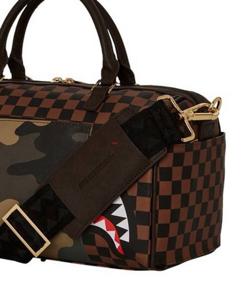 Camo Sprayground Exterior Gold Zip Pocket Sharks In Paris Mini Duffle Bags | 73651-VFCY