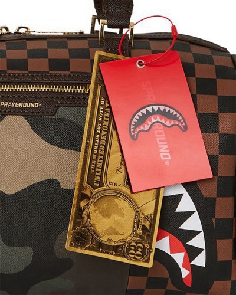 Camo Sprayground Exterior Gold Zip Pocket Sharks In Paris Mini Duffle Bags | 73651-VFCY