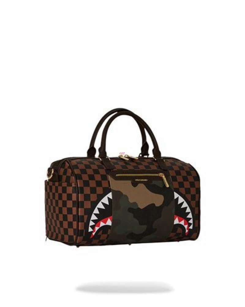 Camo Sprayground Exterior Gold Zip Pocket Sharks In Paris Mini Duffle Bags | 73651-VFCY