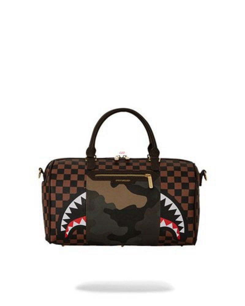 Camo Sprayground Exterior Gold Zip Pocket Sharks In Paris Mini Duffle Bags | 73651-VFCY