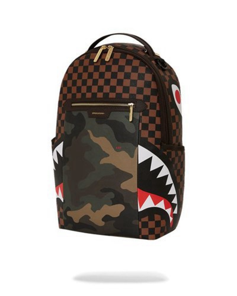 Camo Sprayground Exterior Gold Zip Pocket Sharks In Paris (Dlxv) Backpacks | 42861-QRAF