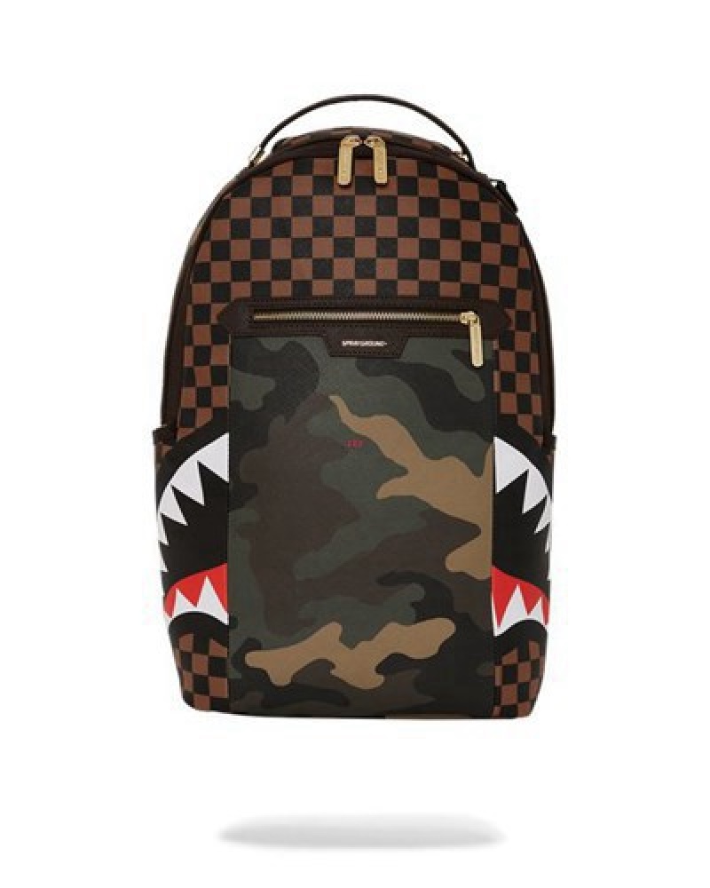 Camo Sprayground Exterior Gold Zip Pocket Sharks In Paris (Dlxv) Backpacks | 42861-QRAF