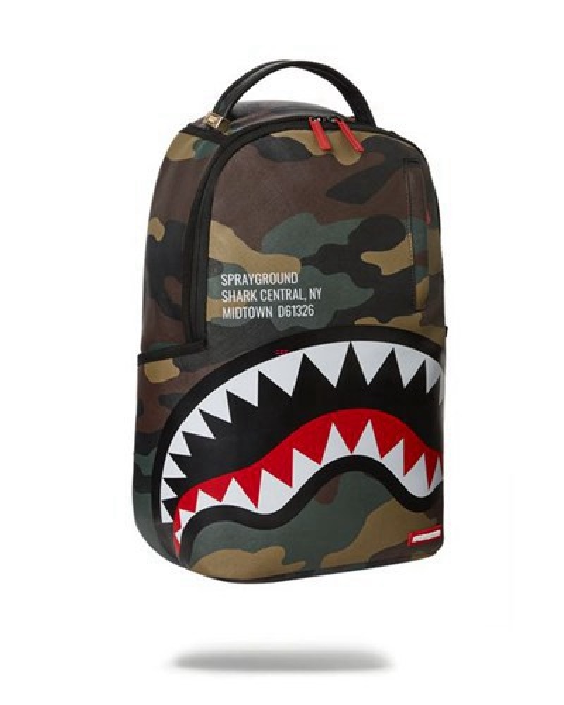 Camo Sprayground Shark Central Outpost (Dlxv) Backpacks | 79543-LTVH