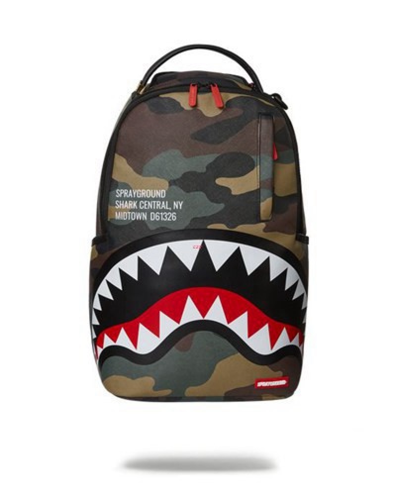 Camo Sprayground Shark Central Outpost (Dlxv) Backpacks | 79543-LTVH