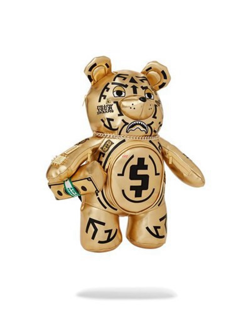 Gold Sprayground A.I.8 African Intelligence Path To The Future Ii Medium Moneybear Teddybear Backpacks | 62904-LANB