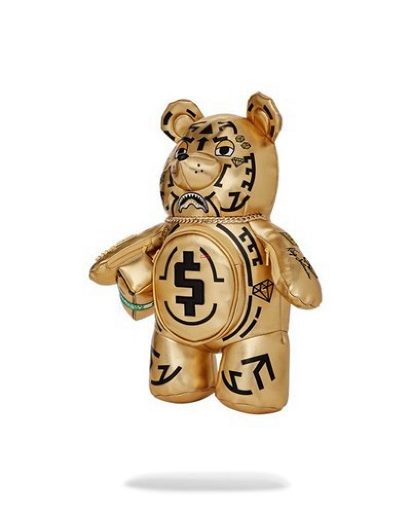 Gold Sprayground A.I.8 African Intelligence Path To The Future Ii Medium Moneybear Teddybear Backpacks | 62904-LANB