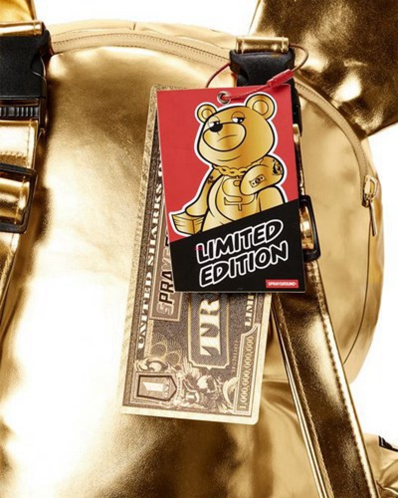 Gold Sprayground Gold Rush Moneybear Teddybear Backpacks | 79461-FQIP