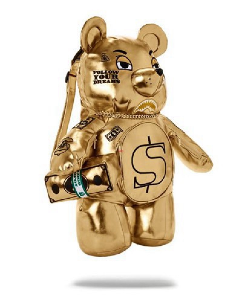 Gold Sprayground Gold Rush Moneybear Teddybear Backpacks | 79461-FQIP