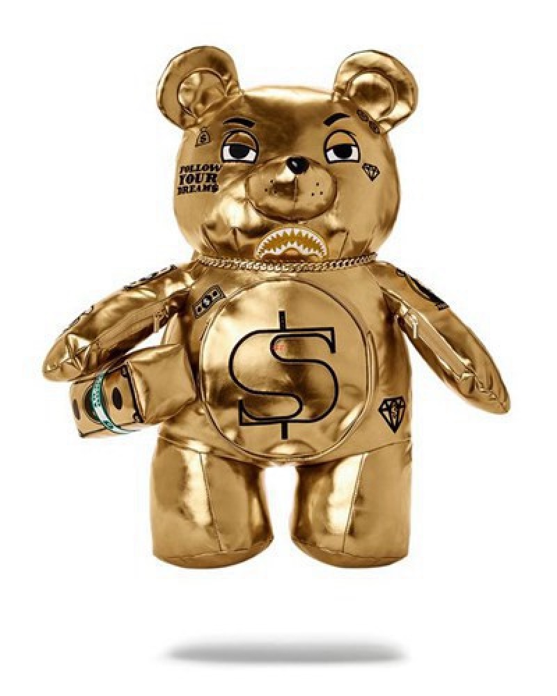 Gold Sprayground Gold Rush Moneybear Teddybear Backpacks | 79461-FQIP