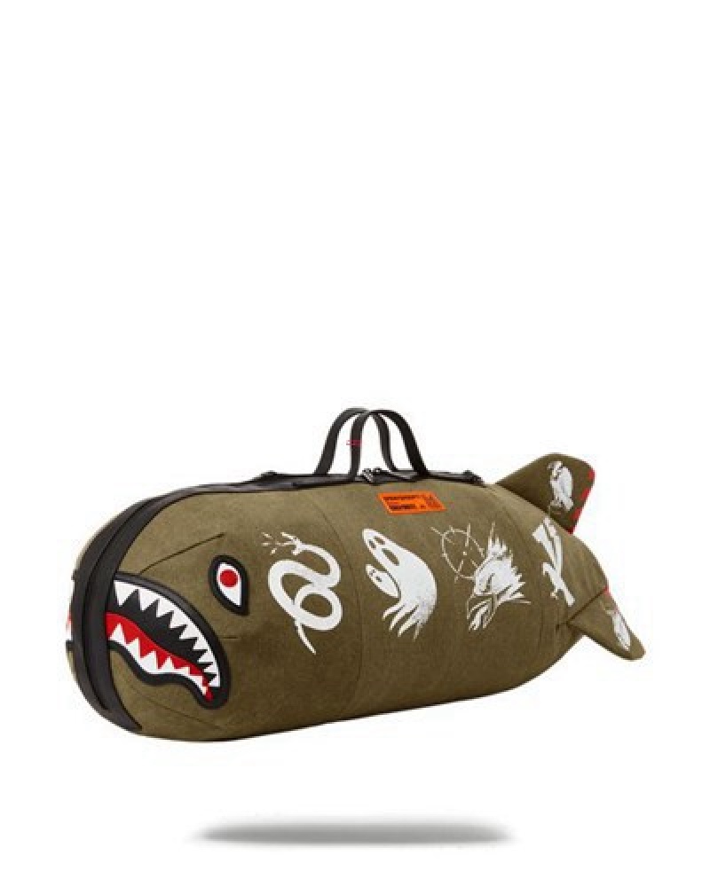 Green Sprayground Call Of Duty Shark Torpedo Duffle Bags | 58672-GXUE