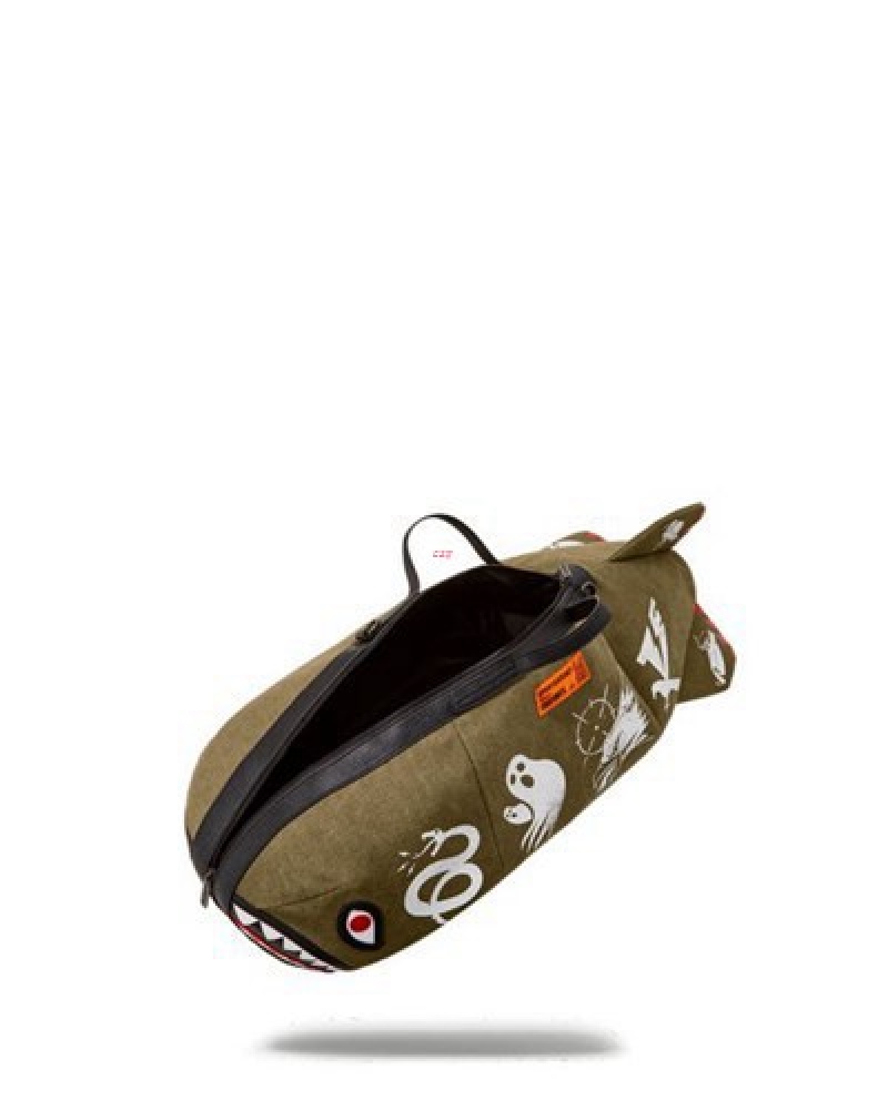 Green Sprayground Call Of Duty Shark Torpedo Duffle Bags | 58672-GXUE