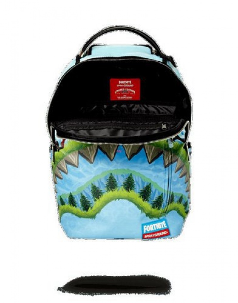 Light Blue Sprayground Fortnite Shark Royale! Backpacks | 39610-RPWL