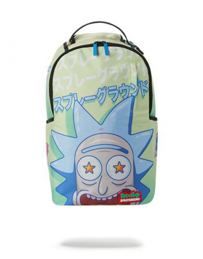 Light Green Sprayground Rick And Morty Look At Me Backpacks | 95024-MISG