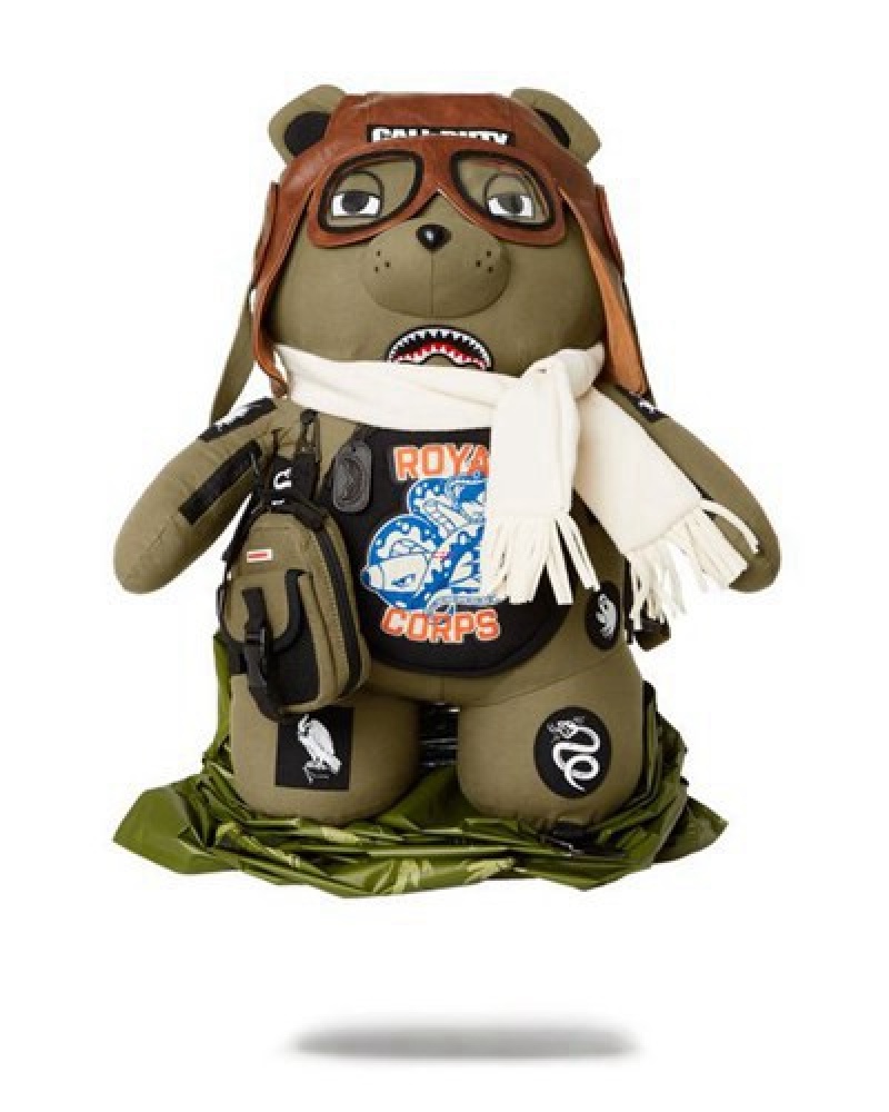 Olive Sprayground Call Of Duty Aviator Fearless Moneybear Teddybear Backpacks | 13940-RNOV