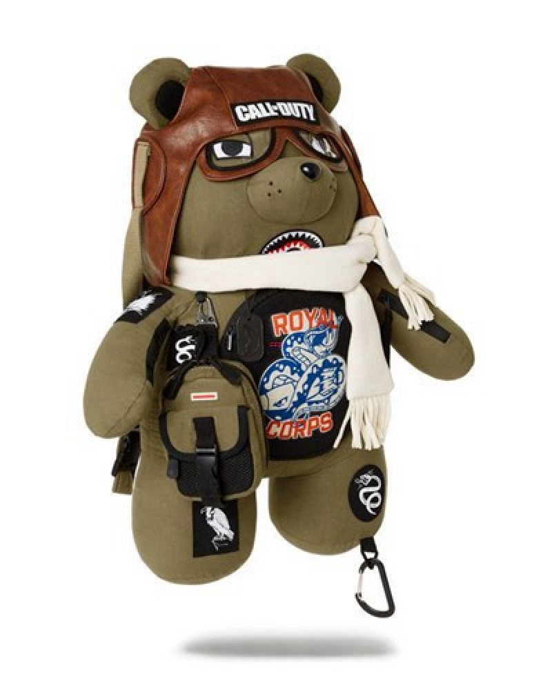 Olive Sprayground Call Of Duty Aviator Fearless Moneybear Teddybear Backpacks | 13940-RNOV