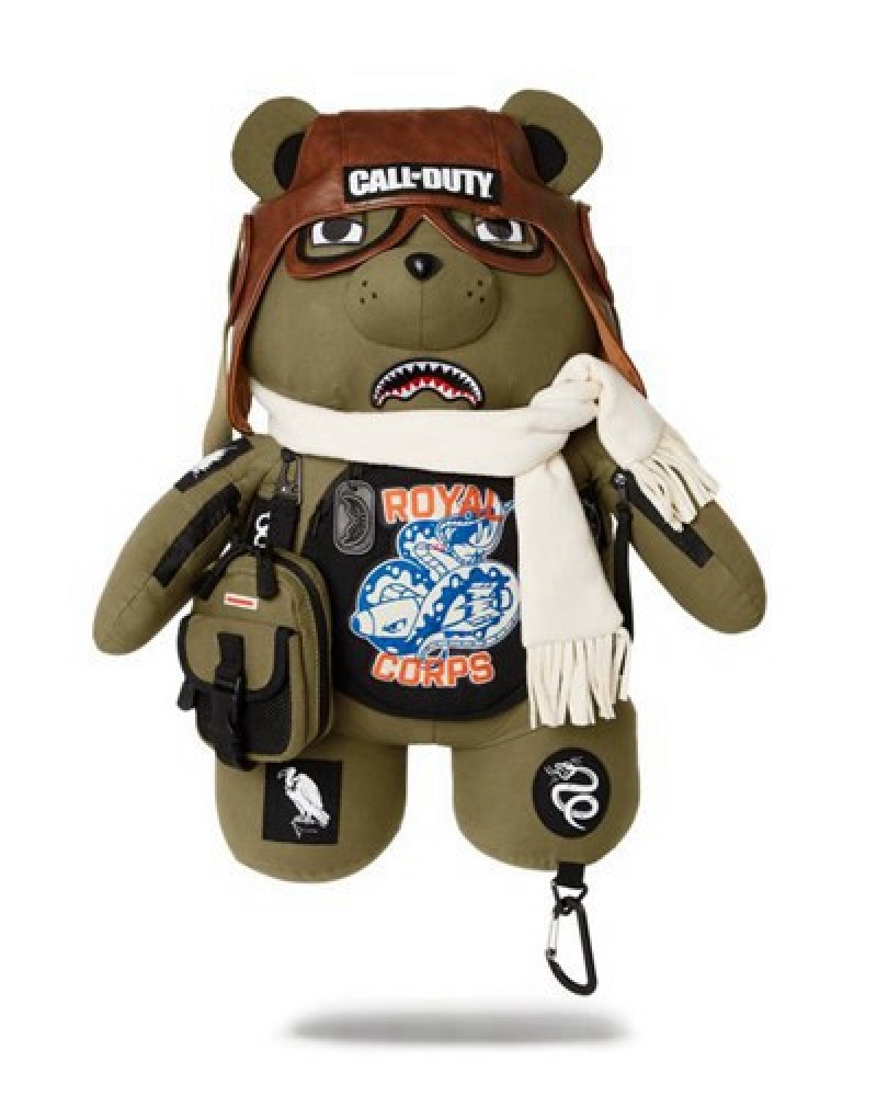 Olive Sprayground Call Of Duty Aviator Fearless Moneybear Teddybear Backpacks | 13940-RNOV