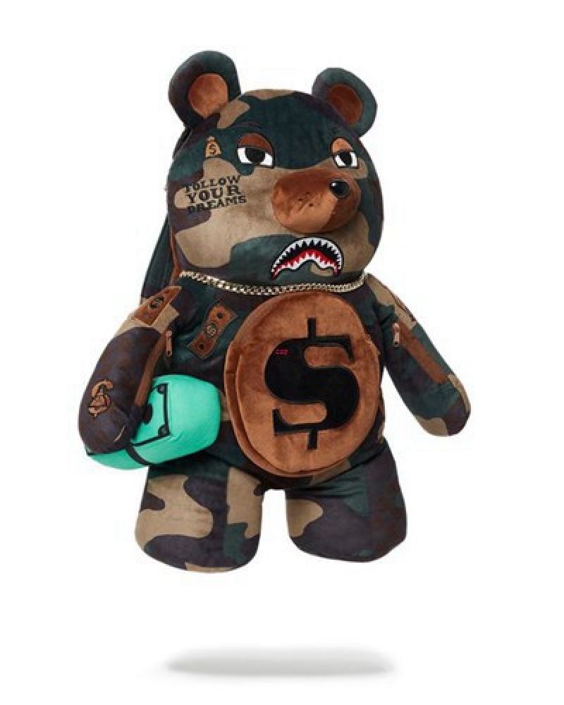 Olive Sprayground Camocheck Moneybear Teddybear Backpacks | 76189-MCNU