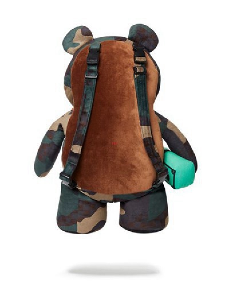 Olive Sprayground Camocheck Moneybear Teddybear Backpacks | 76189-MCNU