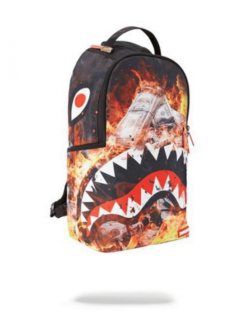 Orange Sprayground Fire Money Shark Backpacks | 54973-PUYB