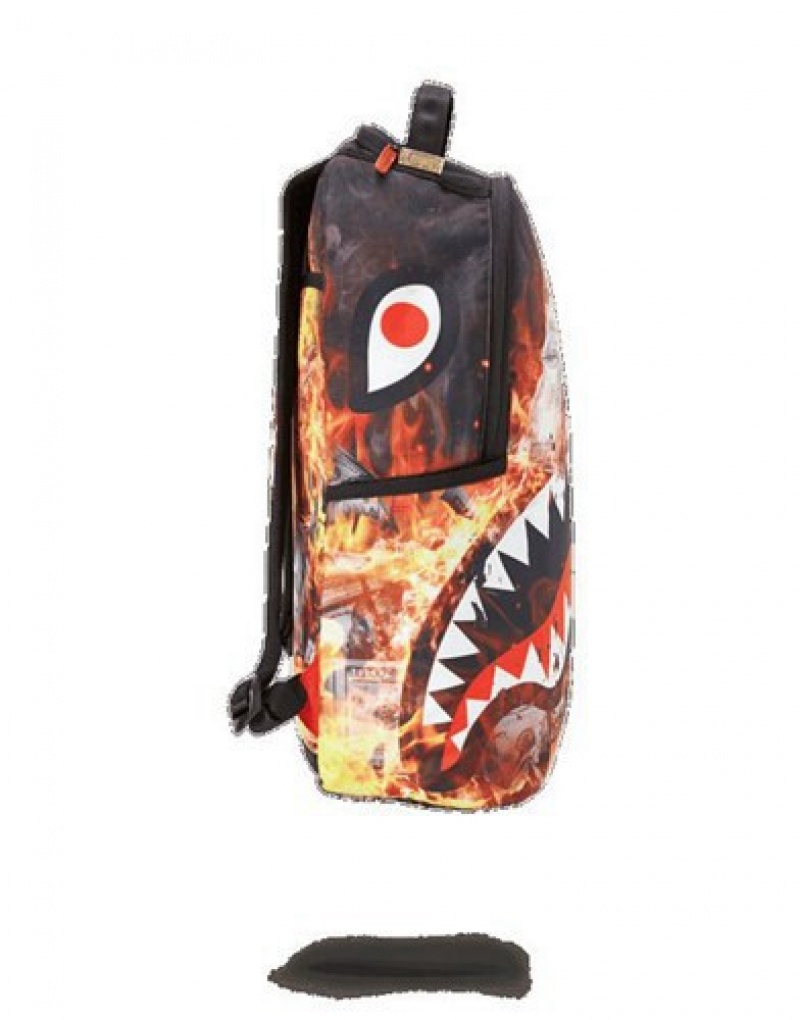 Orange Sprayground Fire Money Shark Backpacks | 54973-PUYB