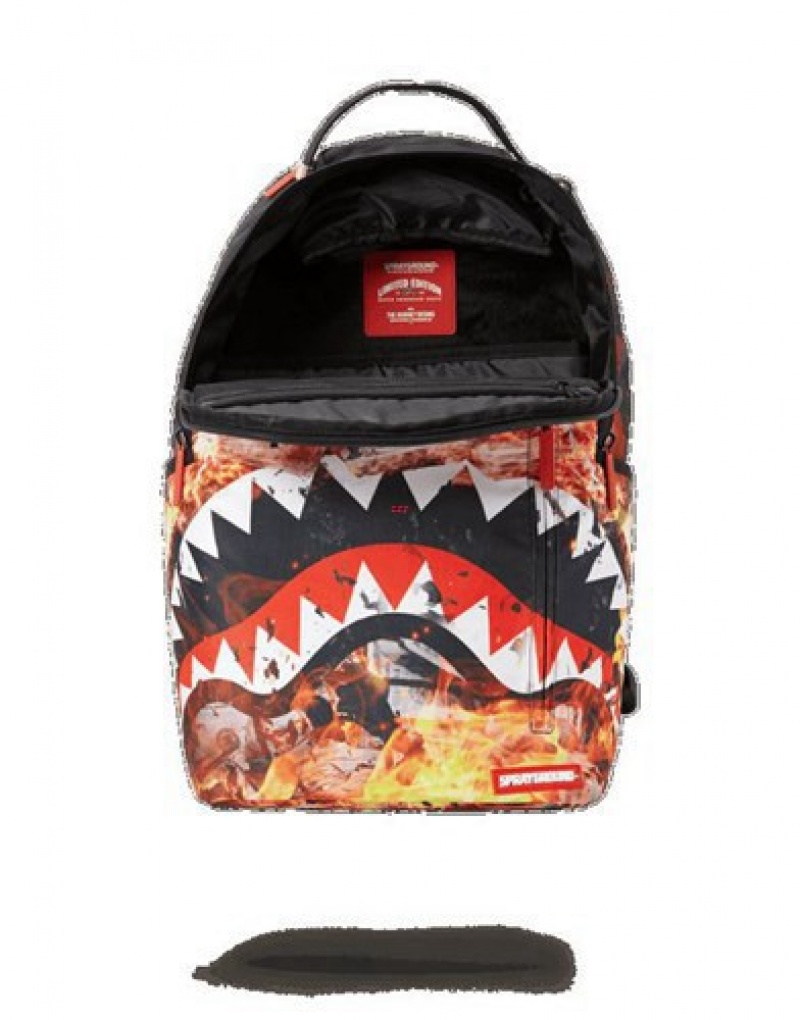 Orange Sprayground Fire Money Shark Backpacks | 54973-PUYB