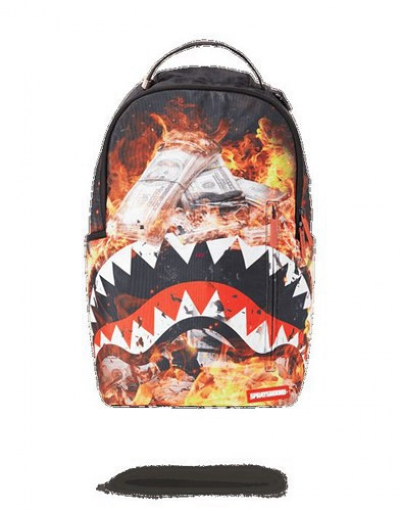 Orange Sprayground Fire Money Shark Backpacks | 54973-PUYB