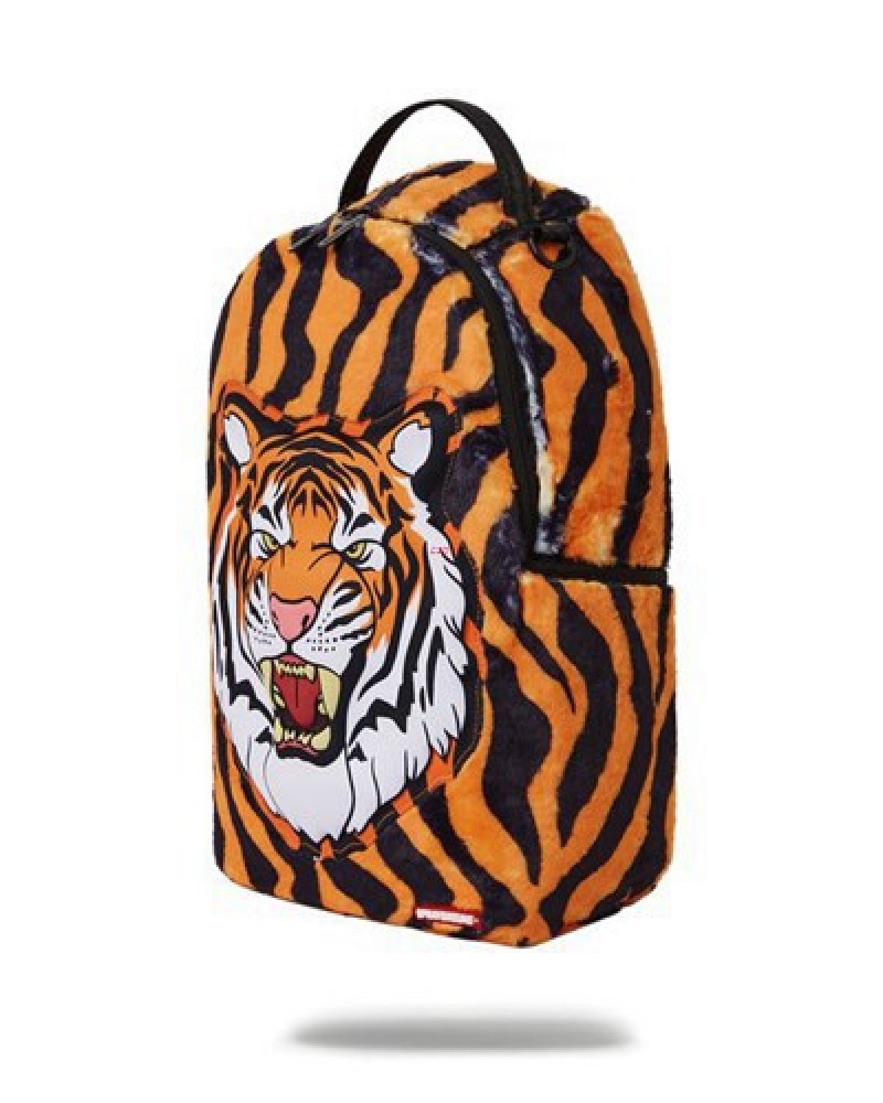 Orange Sprayground Tiger Cozy Velour Fur Backpacks | 85927-ULMK