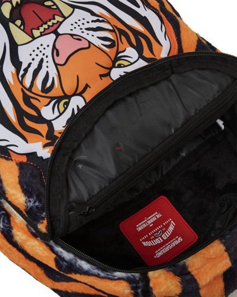 Orange Sprayground Tiger Cozy Velour Fur Backpacks | 85927-ULMK