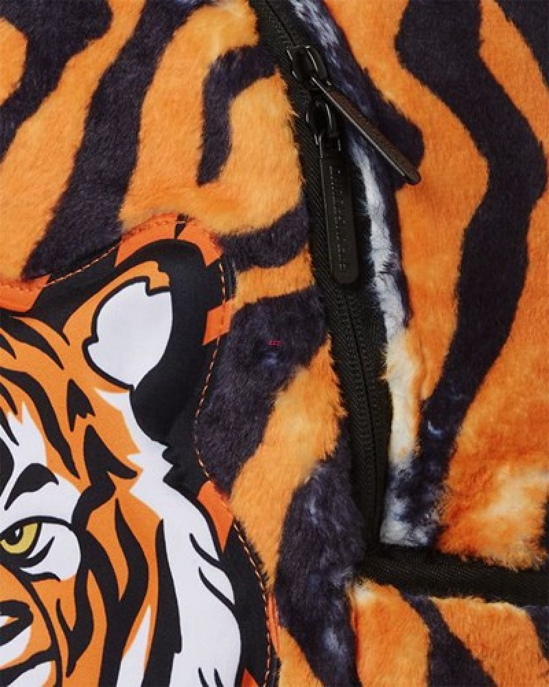 Orange Sprayground Tiger Cozy Velour Fur Backpacks | 85927-ULMK