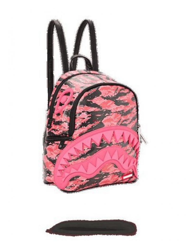 Pink Sprayground Pink Tiger Camo Sharkmouth Savage Backpacks | 73695-FBJU