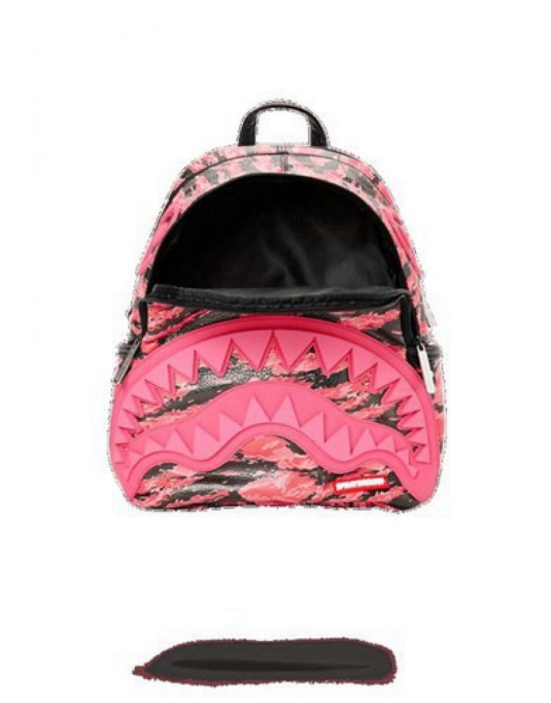 Pink Sprayground Pink Tiger Camo Sharkmouth Savage Backpacks | 73695-FBJU