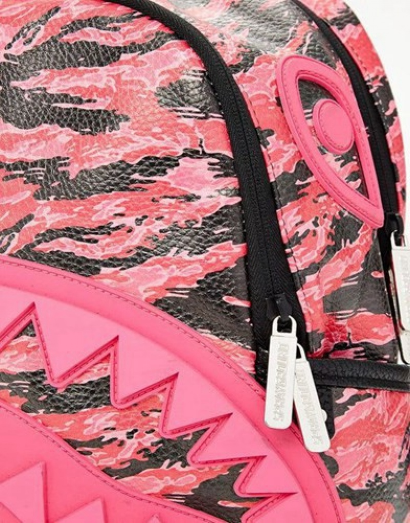 Pink Sprayground Pink Tiger Camo Sharkmouth Savage Backpacks | 73695-FBJU