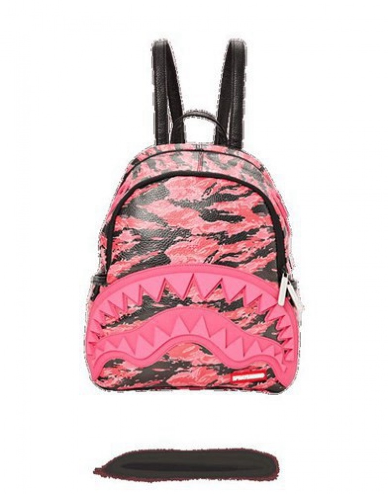 Pink Sprayground Pink Tiger Camo Sharkmouth Savage Backpacks | 73695-FBJU