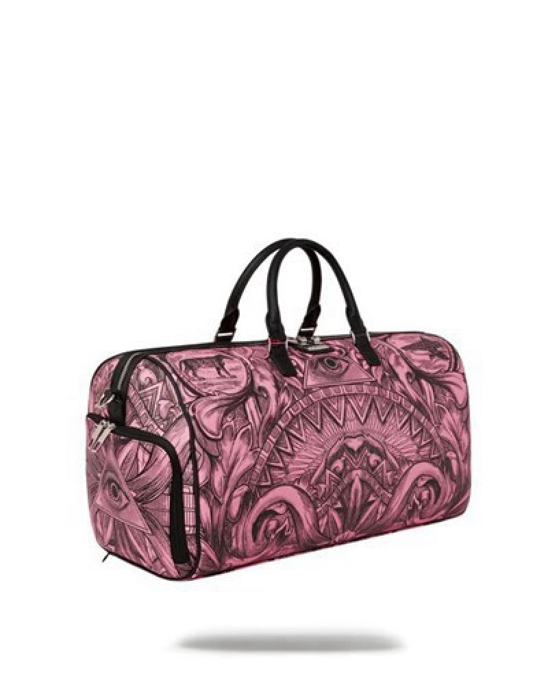 Pink Sprayground Society Of Sharks Duffle Bags | 93178-FIXQ