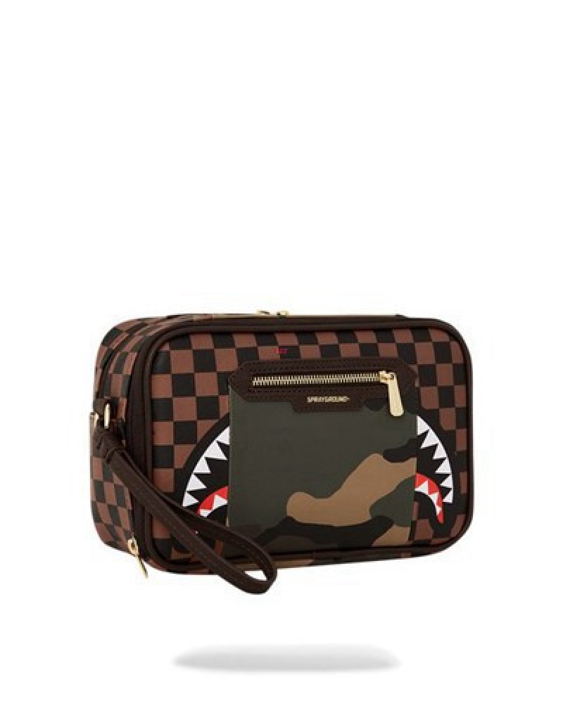 Red Brown Sprayground Exterior Gold Zip Pocket Sharks In Paris Toiletry Bags | 29706-OKCS