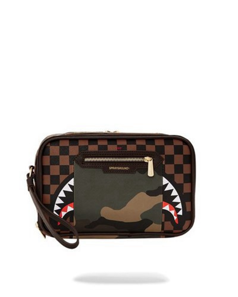 Red Brown Sprayground Exterior Gold Zip Pocket Sharks In Paris Toiletry Bags | 29706-OKCS