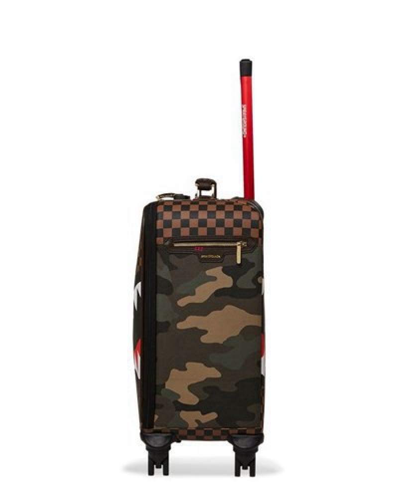 Red Brown Sprayground Exterior Gold Zip Pocket Sharks In Paris Jetsetter Carry-on Luggage | 86547-AFBX