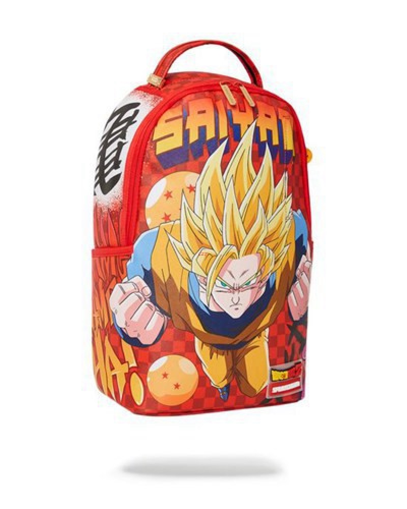 Red Sprayground Dbz Super Saiyan Check Backpacks | 98374-JWGA