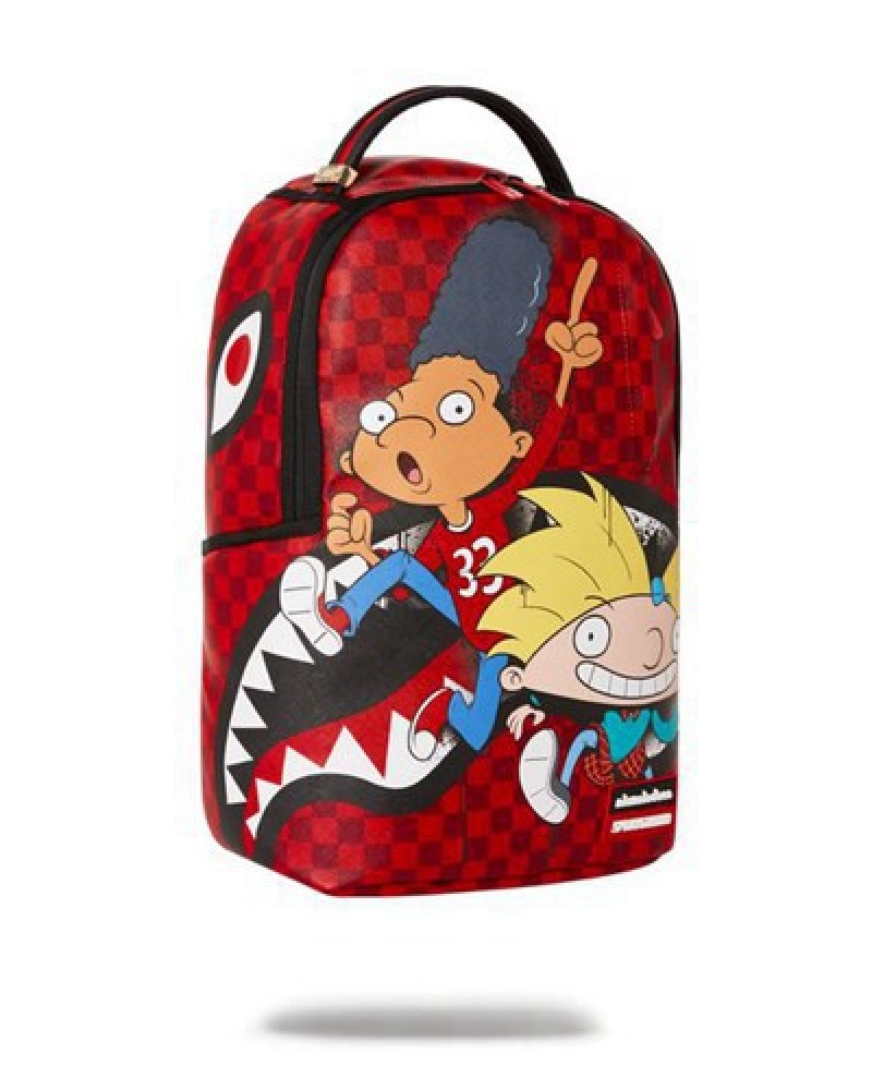 Red Sprayground Hey Arnold On The Run Shark (Dlxv) Backpacks | 64391-SVRF