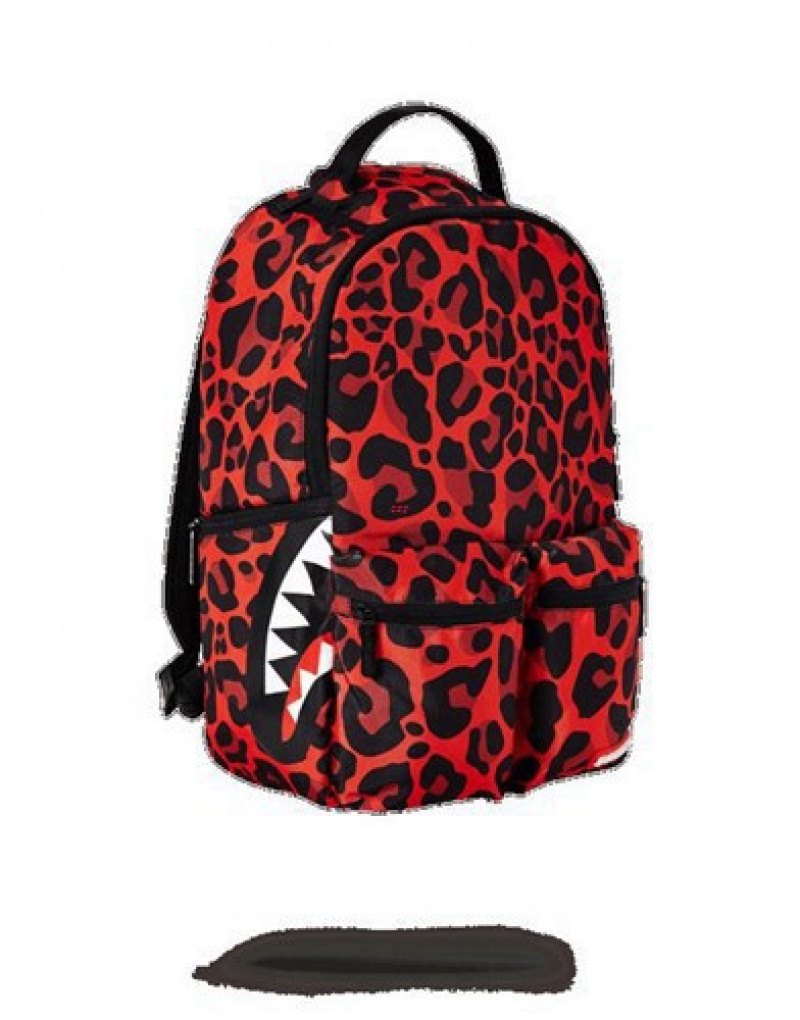 Red Sprayground Leopard Double Cargo Backpacks | 96483-UQGB